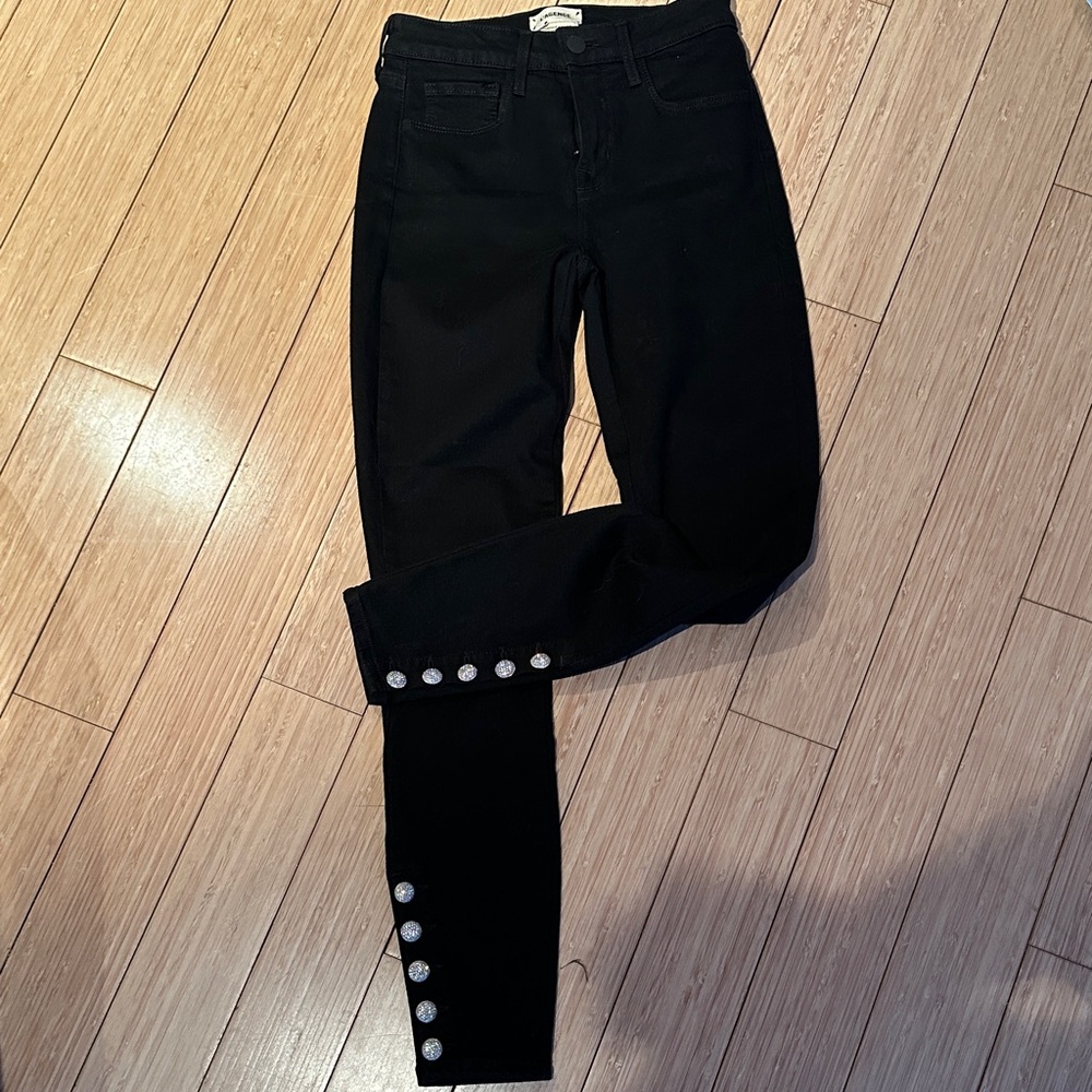 L'AGENCE Black Skinny Jeans with rhinestone/Crystal Buttons
